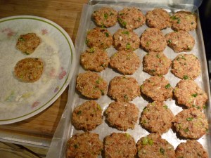 Using your hands, thoroughly combine and squeeze the mixture to bring it together. Using 2 rounded tablespoons of the mixture for each and keeping your hands damp, form 32 small cakes, about ¾ inch thick and 2 inches wide, pressing firmly to help them hold together. Place the cakes on a large baking sheet and/or a large plate. Cover with plastic wrap and refrigerate for at least 30 minutes (or up to 6 hours).