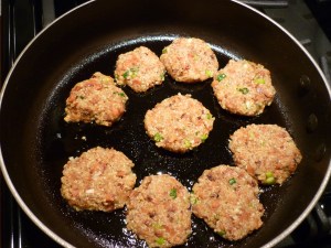 Use a couple tablespoons of olive oil to coat your skillet and fry the cakes in three batches until golden brown.