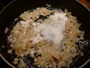 Stir in 2 Tbsp. flour, 2 Tbsp. sugar, 1 tsp. salt, 1/2 tsp. celery seed, and dash of pepper. Cook over low heat, stirring until bubbly.