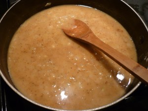 Remove from heat; stir in 3/4 cup water and 1/3 cup vinegar (I use cider vinegar). Heat to boiling; stirring constantly. Boil and stir 1 minute.