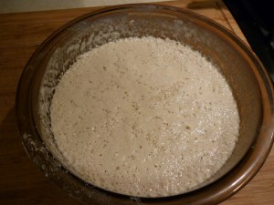 In a medium bowl mix 1-1/2 Tbsp. active dry yeast, 2 cups warm water, and 2 cups flour. Cover, and let mixture stand in a warm place overnight. It bubbles and then separates. I stir mine down occasionally.