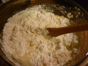 Mix together 2-1/2 cups flour, ½ tsp. salt, ¼ tsp. baking powder. Add the flour mixture to the egg mixture and stir well.