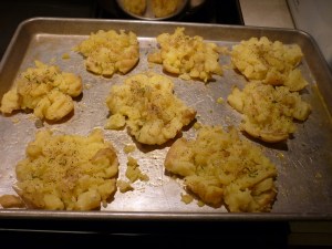 Here's the quick & easy info on Crash Potatoes . . . 1-Cook small potatoes. 2-Place on baking sheet coated with olive oil. 3-Smash each potato. 4-Sprinkle with salt & pepper 5-Bake high heat till crispy on the top. 