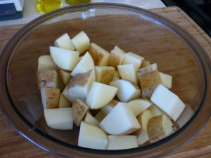 Cut potatoes into 1” dice to make four cups and cook them. 