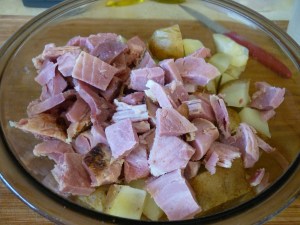 Dice cooked ham into 1” to make four cups. Mix with potatoes.