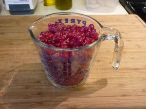 I pulled red currants out of my freezer and measured 2-1/4 cups, then let them thaw completely. Set aside.
