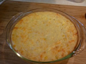 Spread in a buttered 1-quart casserole dish and bake 50 minutes at 350 degrees. Let stand 10 minutes before serving. 