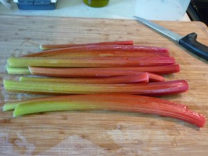 Run outside, pull rhubarb, clean, and trim.
