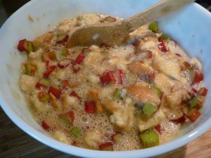 Mix rhubarb and eggs mixture with soaked bread mixture.