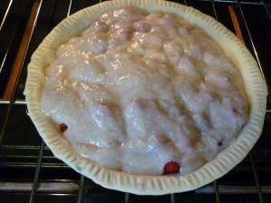 Pour sour cream mixture evenly over the raspberries. Set pie on sheet to catch drips. Bake at 400 degrees F for 45-50 minutes.