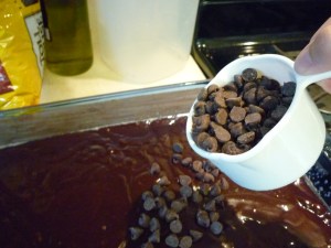 Sprinkle with one cup chocolate chips (or any kind of chips).