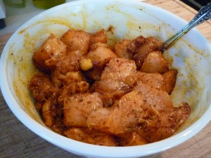 Stir in 2# boneless, skinless chicken, cut into 2” pieces. Place into refrigerator.