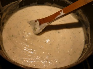 Stir in 2 cups milk. Cook and stir constantly until thick and bubbly. Remove from heat.