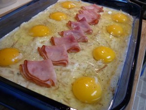 Carefully crack an egg into each indentation. Sprinkle with salt and pepper.