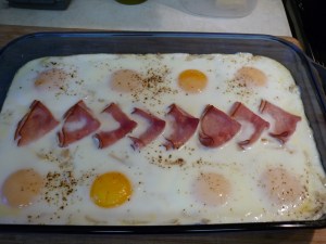 Bake an additional 10-15 minutes until eggs are set. Serves 4 hungry people or 8 other types. Really good with a bit of Tabasco splashed on top.