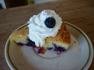 Apricots and Blueberries are two of my favorite fruits. The apricots are expensive here, but you only need three of them so it’s doable. I splurge. This cake is quick to assemble. If you have the ingredients you can throw together a very nice little dessert for your guests. Apricot-Blueberry Cake This is a recipe by Kelsey Banfield, thenaptimechef found online at Momtastic Food.  