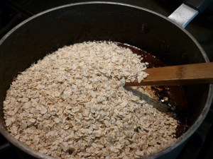 Remove from heat and stir in: ½ cup chunky peanut, butter, 1 tsp. vanilla, 3 cups quick oats 