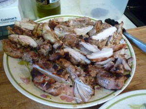 Thinly slice the grilled chicken and mushrooms.