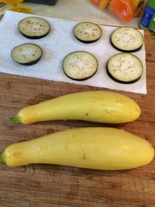Slice summer squash (yellow obviously is what I used, but zucchini would work just the same) into ¼” slices crosswise. I had a bag of sweet mini-peppers from Costco and I used what was left of those, a dozen should do it. I was a little shy on the peppers, but it turned out fine. I cut the tops off and made sure there weren’t any seeds, then sliced each pepper in half lengthwise.