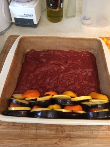 Alternate rows of vegetables onto the sauce as pictured.