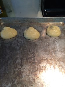 Drop dough by scant ¼ cupfuls 3” apart onto ungreased baking sheet.