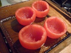Prepare a baking dish with spray or olive oil. I sprayed mine. I used an 8" square dish, but a smaller one would have worked, probably better.
