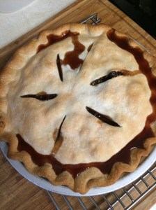 Preheat oven to 450 degrees. Prepare bottom crust in a 9" pie pan. Pour 1-1/2 quarts filling into pie crust. Cover with top crust, cut vents in, crimp the edges. Bake on lowest oven rack for 15 minutes. Reduce heat to 375 degrees and bake an additional 20-25 minutes until golden and filling bubbles.