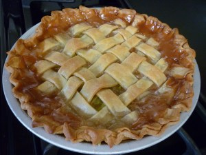 Bake on lowest rack at 450 degrees F for ten minutes, then lower heat to 350 degrees F. Bake an additional 30 minutes or until crust is golden and filling is bubbly. Allow pie to cool before serving.