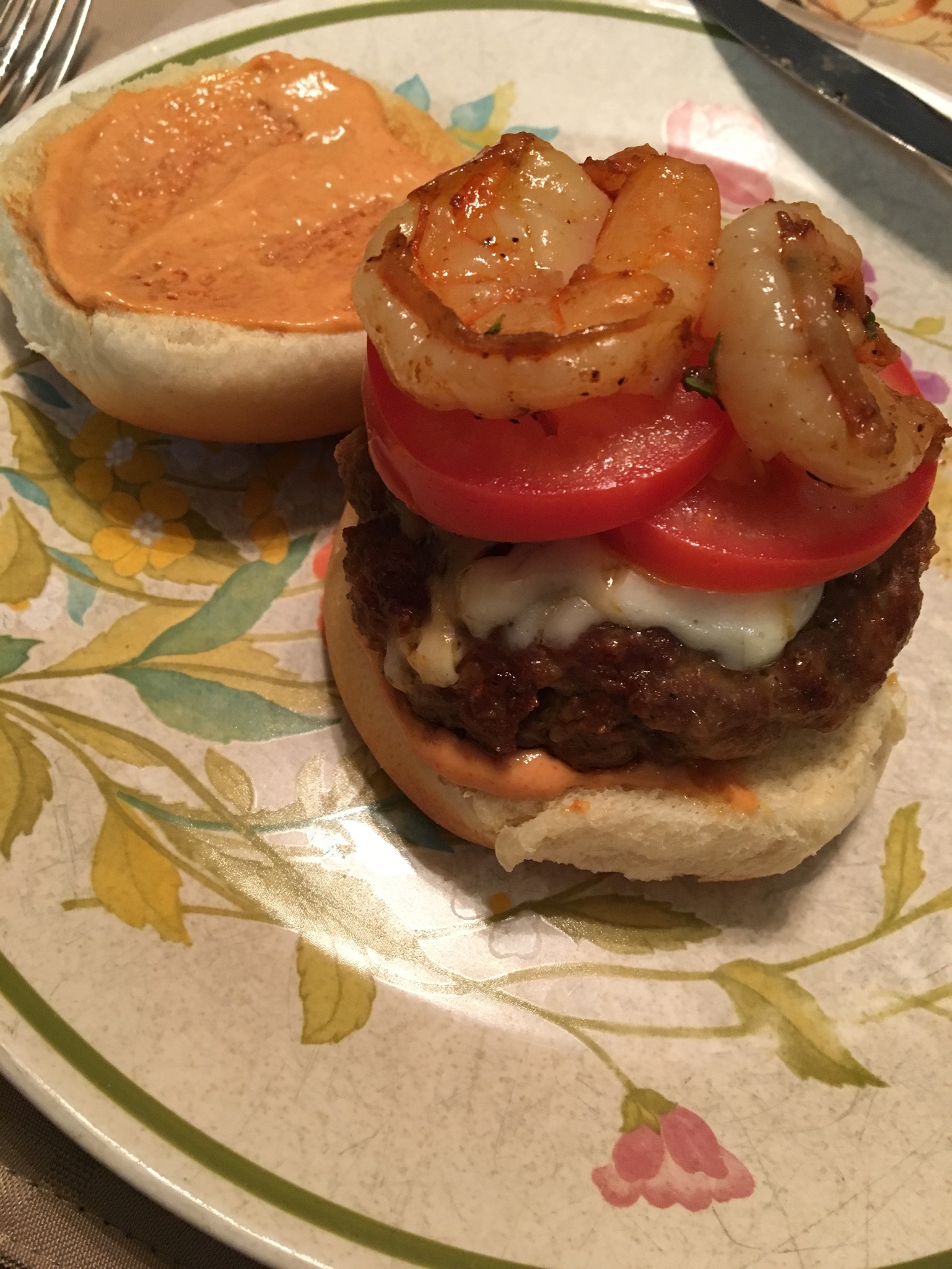 Chorizo Burger with Garlic Shrimp