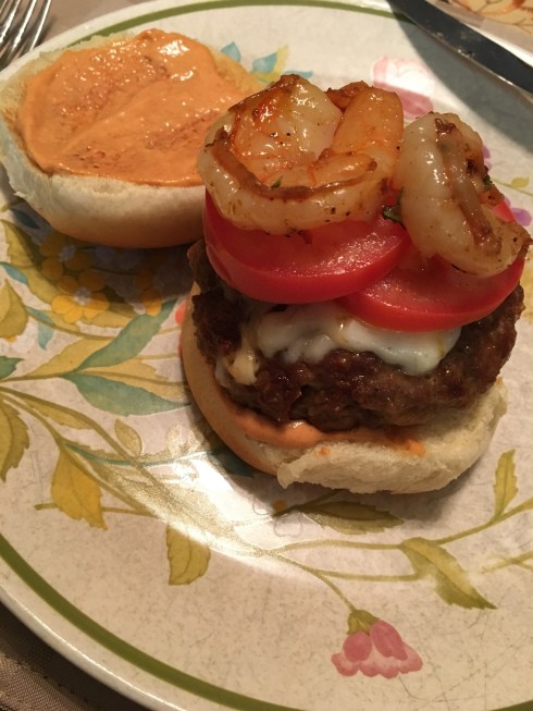 Chorizo Burger with Garlic Shrimp